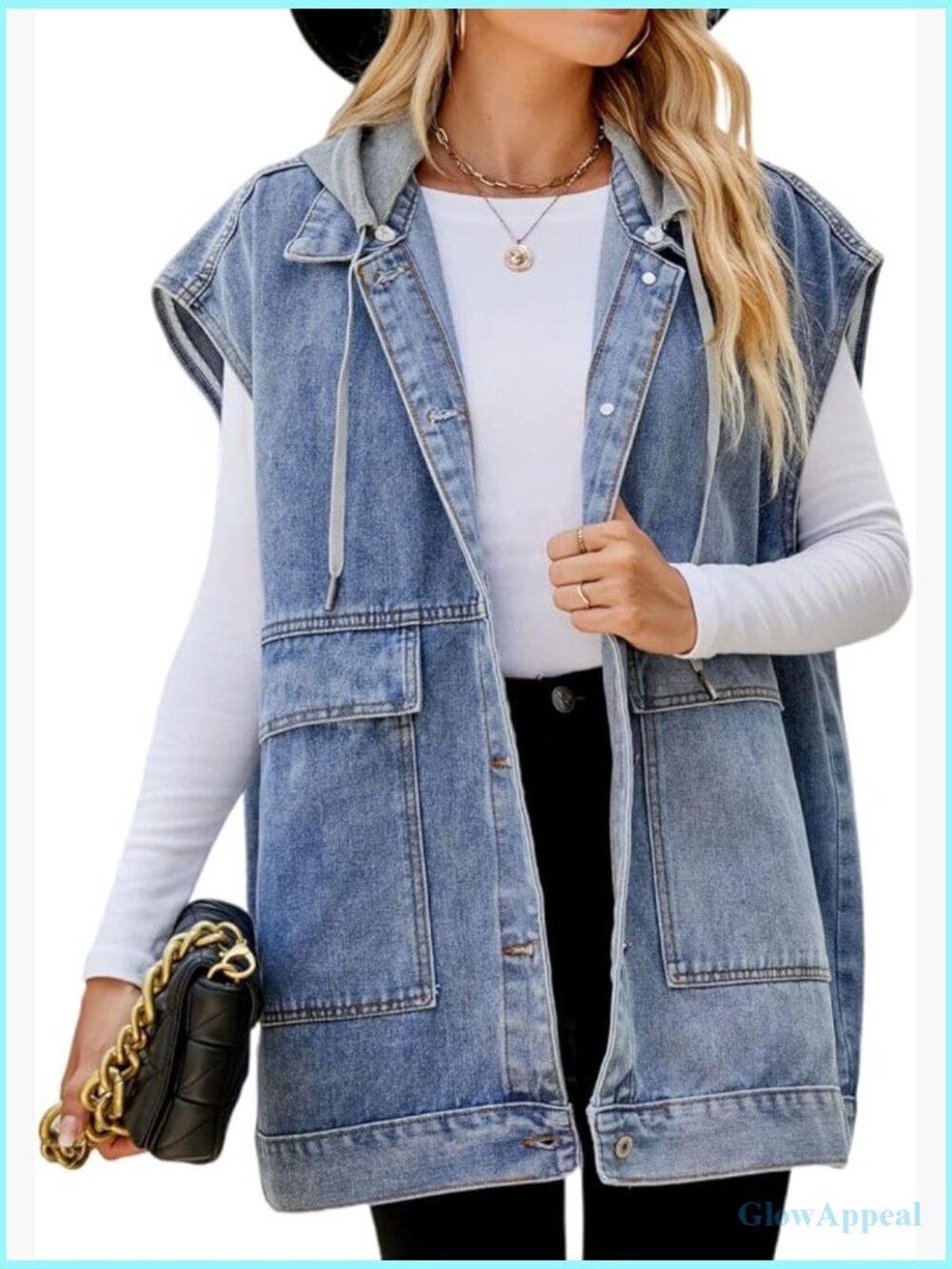 Women's Oversized Denim Vest Mid Long Jean Vest Sleeveless Jacket Distressed - Picture 1 of 7